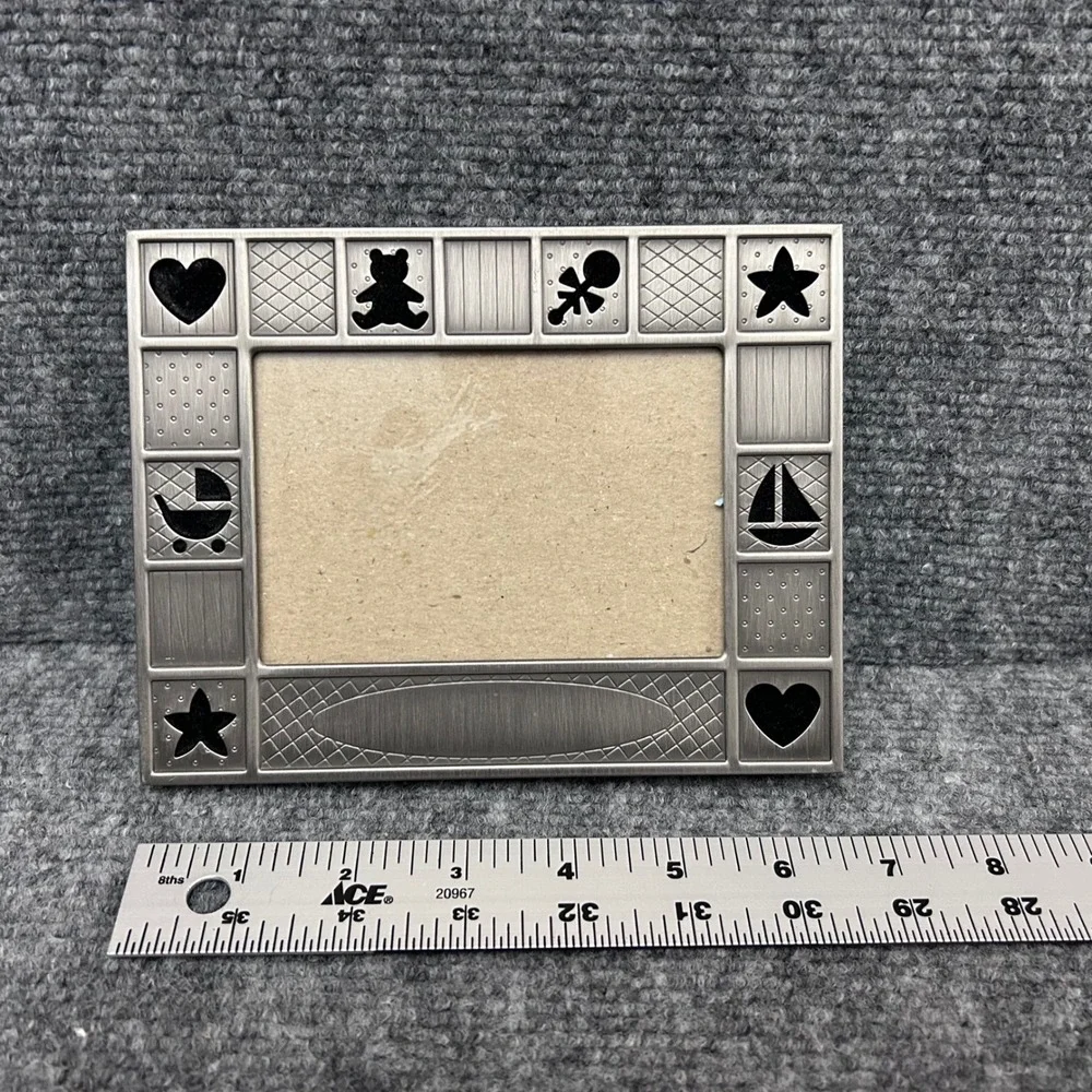 Carr Silver Tone Metal Baby Picture Frame Nursery Icons Teddy Bear Sailboat 5x7